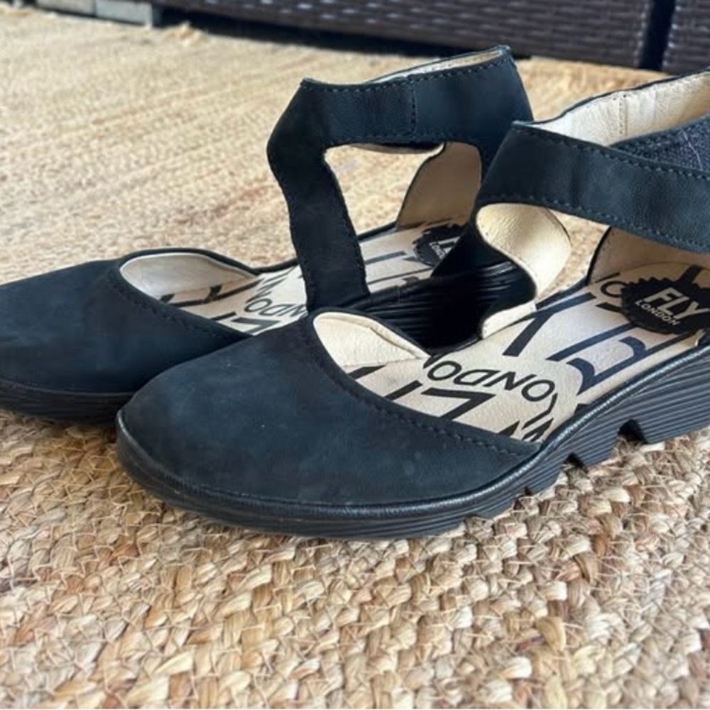 Fly London Black T-Strap Wedge Heels